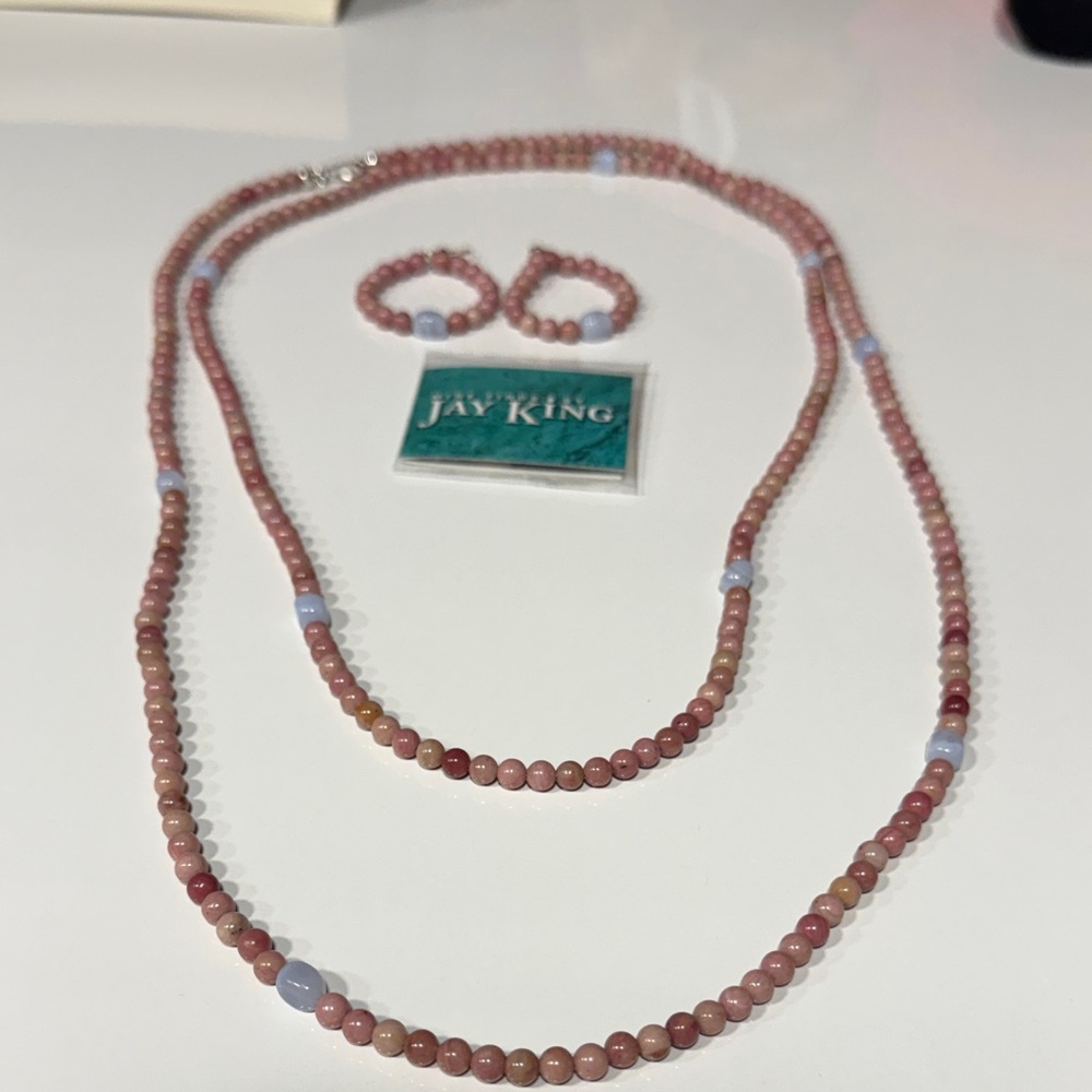 Jay King Pink Rhodochrosite and Light Blue Accent Beaded Necklace  and Earrings.